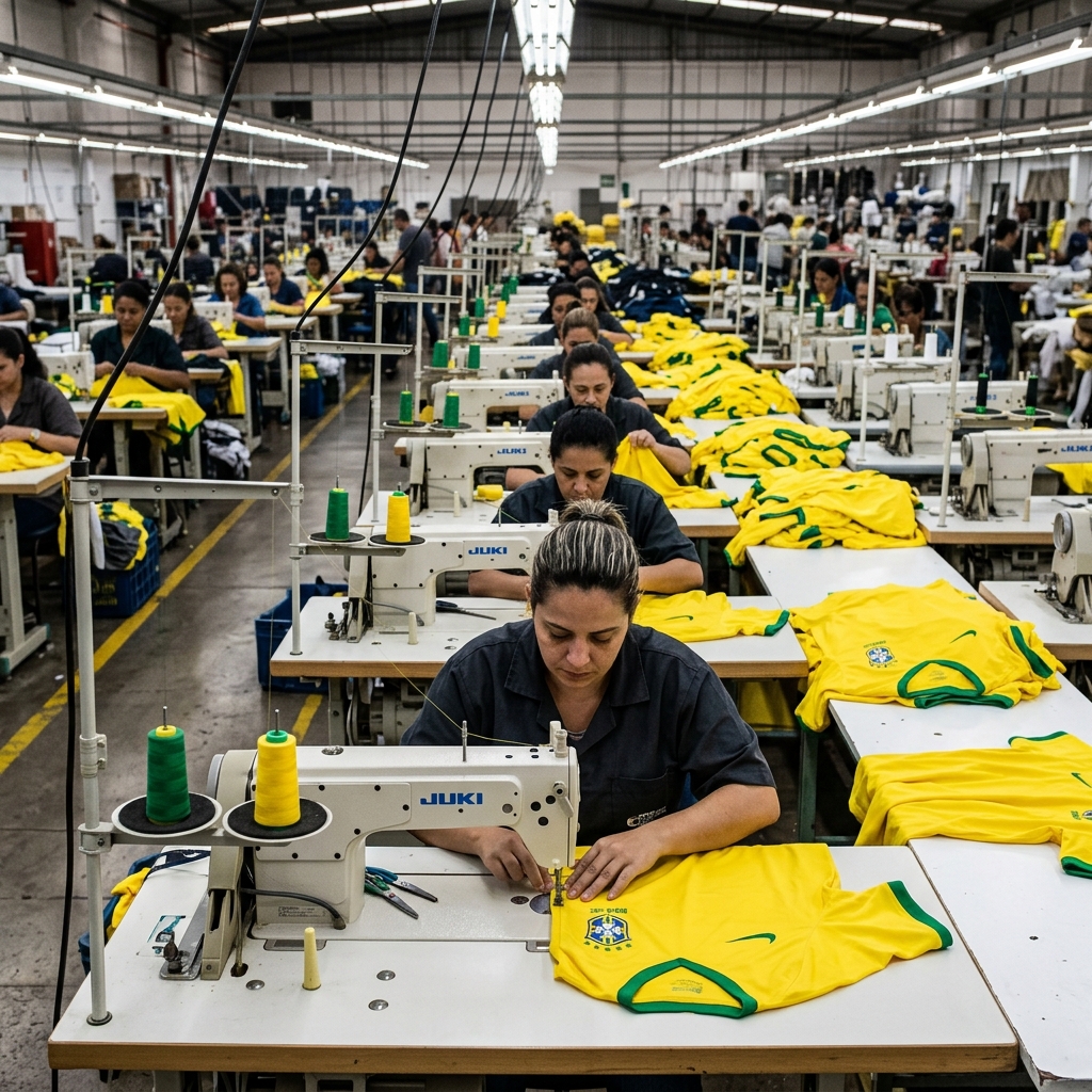Fábrica costurando camisas da Seleção Brasileira