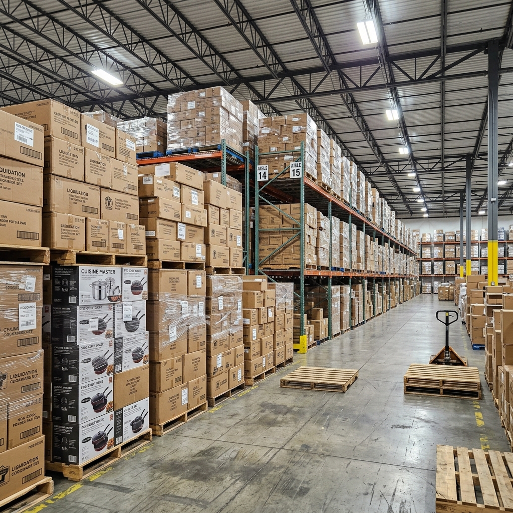 Galpão com estoque de panelas para liquidação